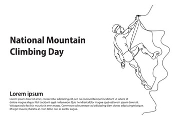 Person doing an extreme sport climbing a rocky mountain continuous one line drawing. climber lifestyle and rock climbing single line art illustration. Editable vector.