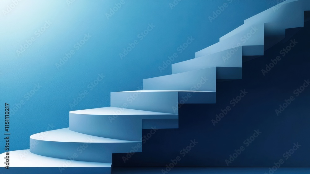 Poster a minimalist image of blue, circular stairs ascending into a gradient background, symbolizing progre