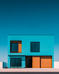Modern turquoise house with wooden accents against a clear blue sky