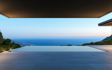 Fototapeta premium Modern architectural design features expansive view of ocean and landscape at dusk