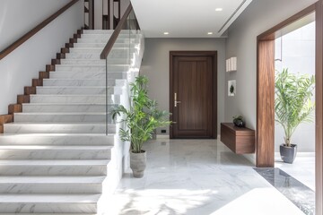 Elegant modern staircase with marble steps, dark wood handrails, and natural sunlight.