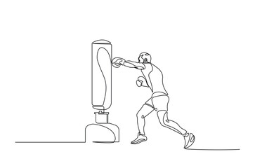 Man hitting the heavy bag continuous one line drawing. Boxer training with the punchbag single line art illustration. Editable vector.