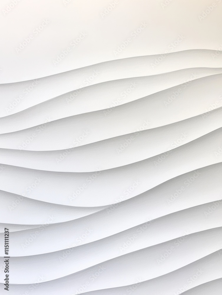 Poster a modern, textured wall with flowing, wave-like patterns in soft white tones that create depth and v