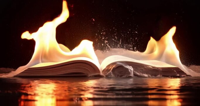 Half-open book side view on a dark background with fire. Book wallpaper. White book color