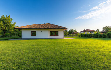 Modern single-story house with spacious lawn in a suburban setting during daylight