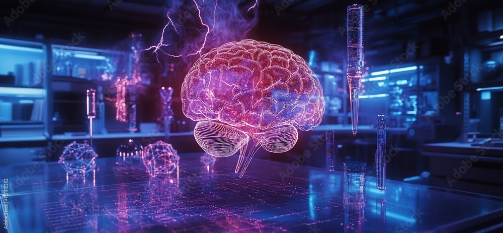 Poster a futuristic lab scene featuring a glowing brain and molecular structures.