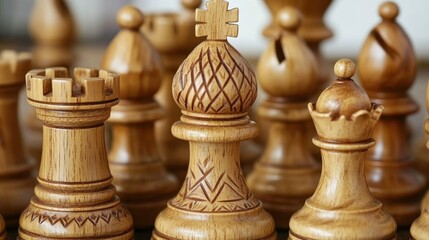 Fototapeta premium Elegant Wooden Chess Pieces Close-Up