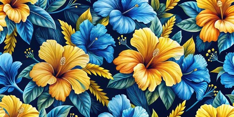 Silhouette Tropical Hibiscus Seamless Pattern AI Photo