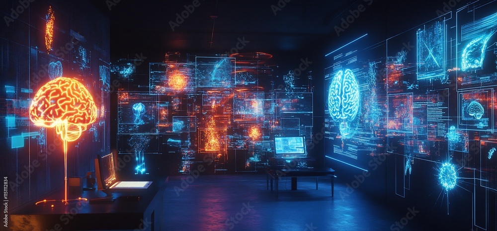 Poster a futuristic room displaying digital brain graphics and data visualizations.