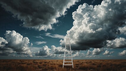 A long leaders finishing in clouds in the sky. Stairway to Heaven concept. Culture and religion idea. With copy space.	