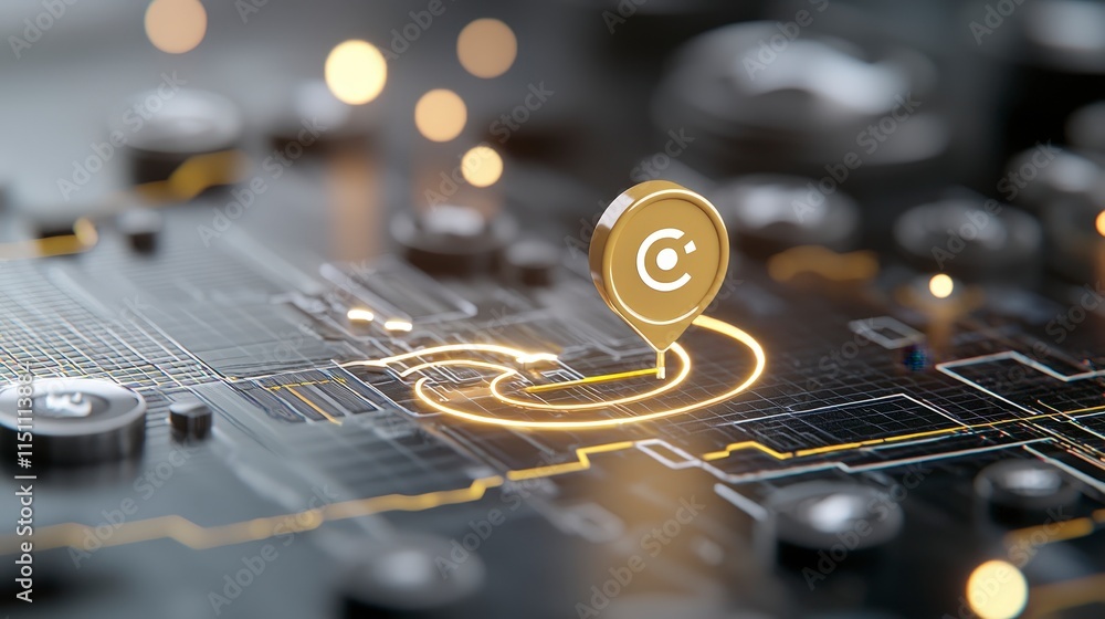 Poster gold location pin on circuit board tech map navigation gps innovation