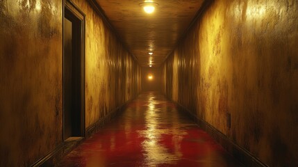 Fototapeta premium A dimly lit, eerie hallway with wet floors and a mysterious light at the end.