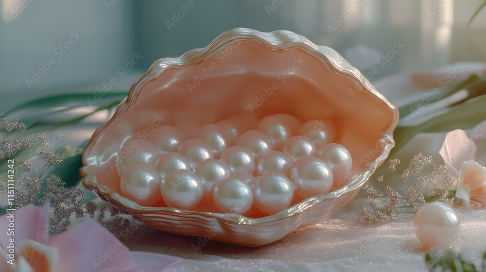 Poster pearls nestled in a delicate seashell resting on a soft surface
