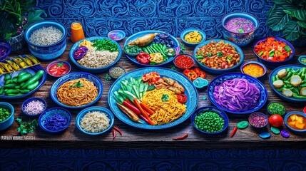 Fototapeta premium Delicious Asian Cuisine Feast Colorful Noodles Rice Vibrant Dishes