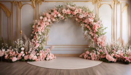 Indoor backdrop with ornate wall paneling, likely for a wedding or formal event.Generated image