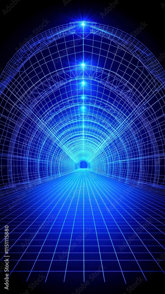 Poster futuristic tunnel architectural wireframe design engineering blueprint 3d render