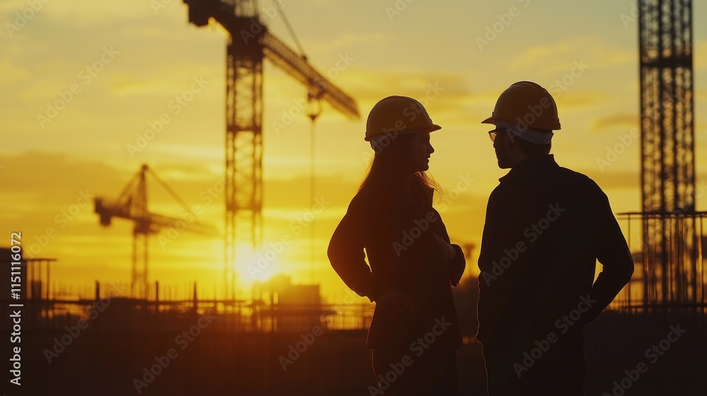 Poster silhouettes of two business engineers interacting on a construction site during a vibrant sunset, fr