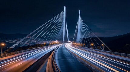 Obraz premium A modern suspension bridge illuminated at night with light trails from vehicles.