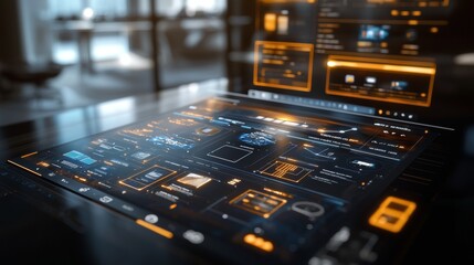 Futuristic digital interface showcasing data analytics and interactive elements in a modern workspace