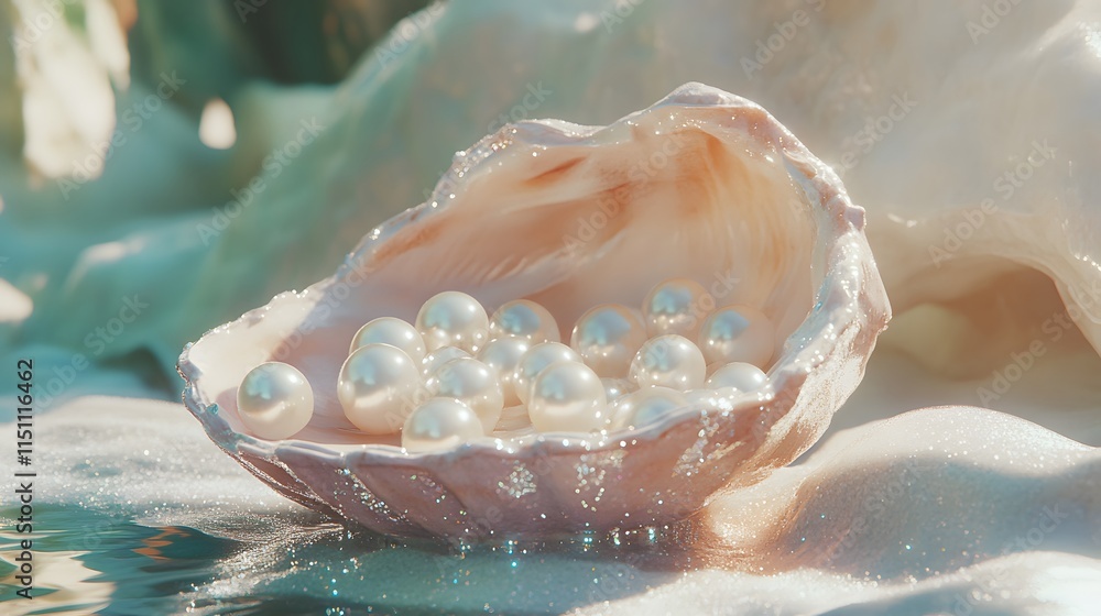 Poster gleaming pearls resting inside a delicate seashell