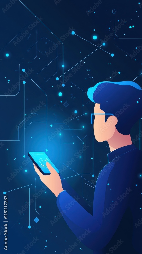 Poster man holding smartphone in a digital environment with blue hues and abstract technology background re