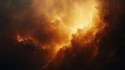 Fiery cosmic nebula with swirling orange and dark clouds.