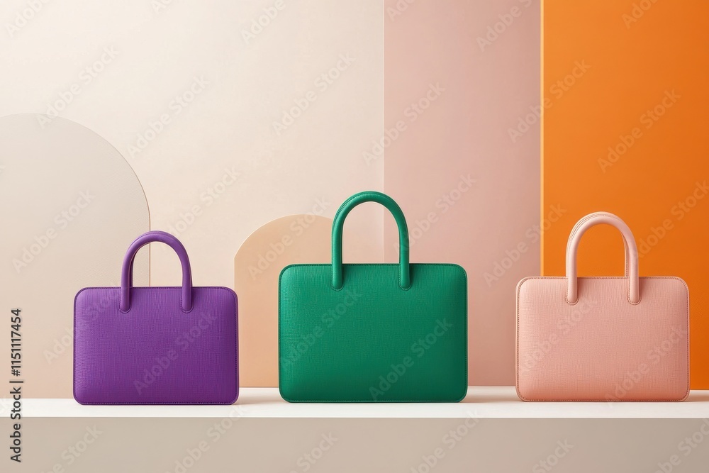 Aufkleber stylish collection of colorful handbags displayed on a minimalist shelf against a soft abstract back