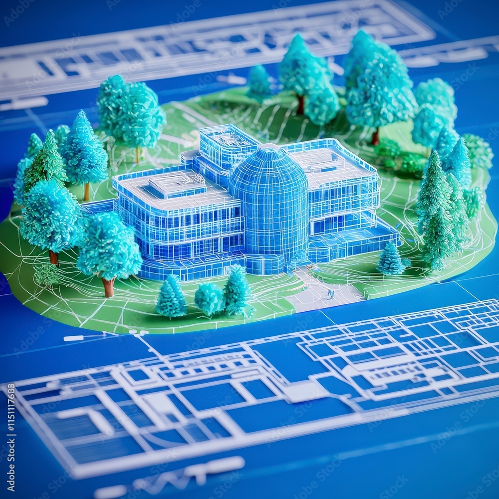 Poster modern building complex architectural design blueprint 3d model green space trees