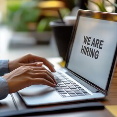 man typing We're hiring on laptop