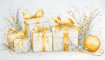 Delicate watercolor New Year gifts adorned with soft golden ribbons and sparkles