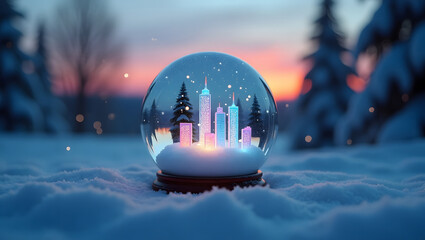 Snow Globe with Illuminated Cityscape in Winter Wonderland