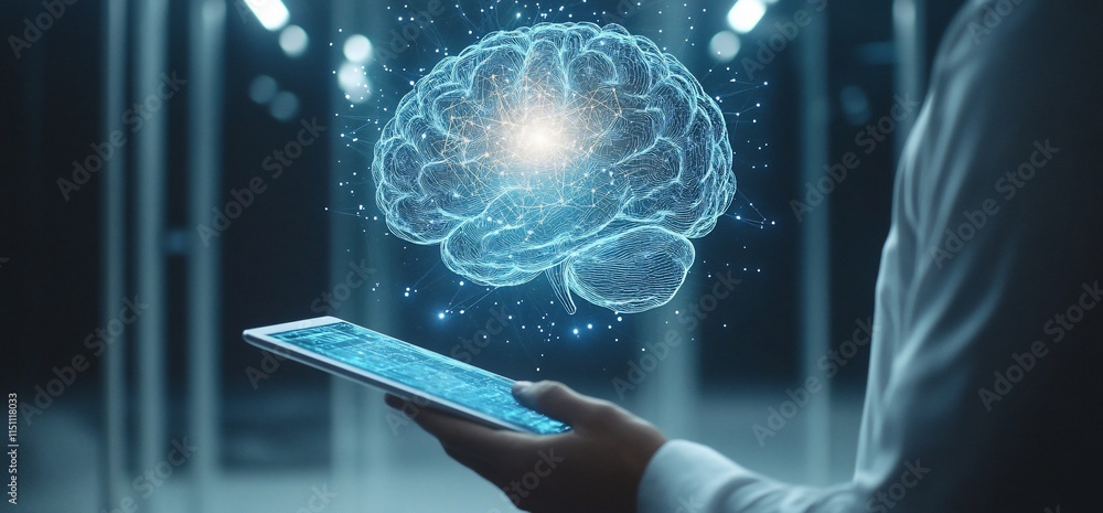 Aufkleber a person holds a tablet displaying a digital brain concept in a futuristic setting.