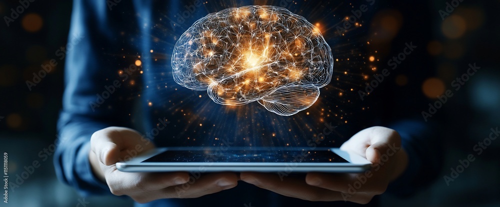 Aufkleber a person holds a tablet displaying a glowing brain, symbolizing knowledge and technology.