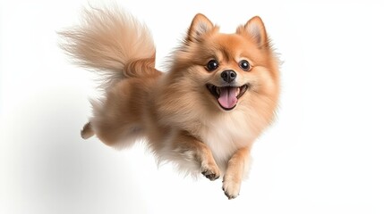 Joyful Pomeranian Dog Leaping  Fluffy  Happy  Pet  Canine  Puppy  Animal  White Background