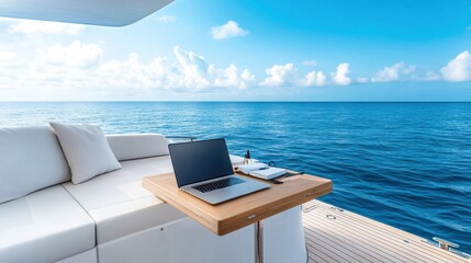 Obraz premium Modern Workspace on Yacht with Laptop and Notepad Overlooking the Calm Blue Ocean Under a Bright Blue Sky with Fluffy Clouds