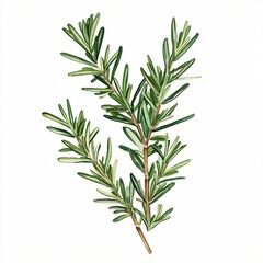Fototapeta premium Watercolor Illustration of Fresh Rosemary Sprig, Detailed watercolor illustration of a rosemary sprig with vibrant green leaves, perfect for culinary, botanical, or natural designs.