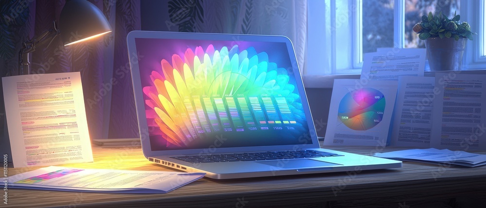 Aufkleber laptop with colorful data charts graphs desk documents business analytics