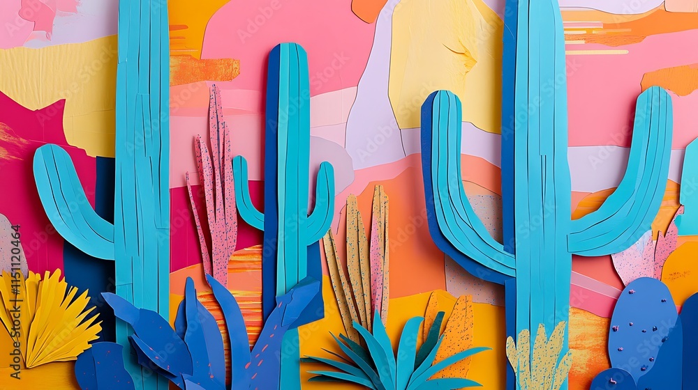 Poster vibrant paper cacti in a colorful desert scene.