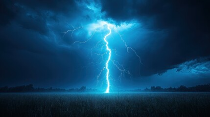 Fototapeta premium A dramatic lightning strike illuminates a dark sky over an open field.
