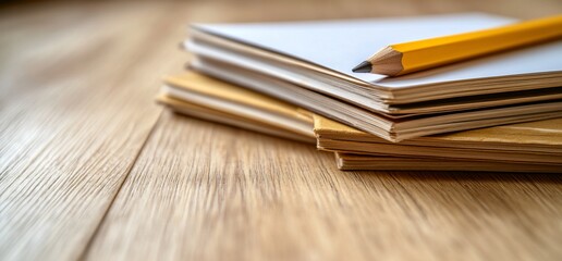 A stack of blank papers with a yellow pencil on a wooden surface.