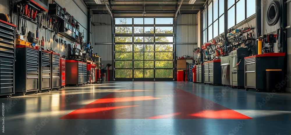 Aufkleber a spacious workshop with tools and equipment for various mechanical tasks.
