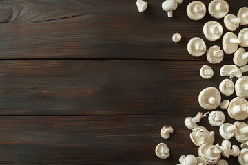 Mushrooms on a wooden kitchen table with copy space.