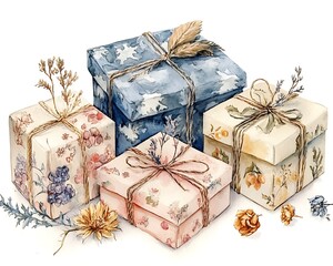 Natural watercolor of New Year gift boxes with eco-friendly wrapping and dried flowers