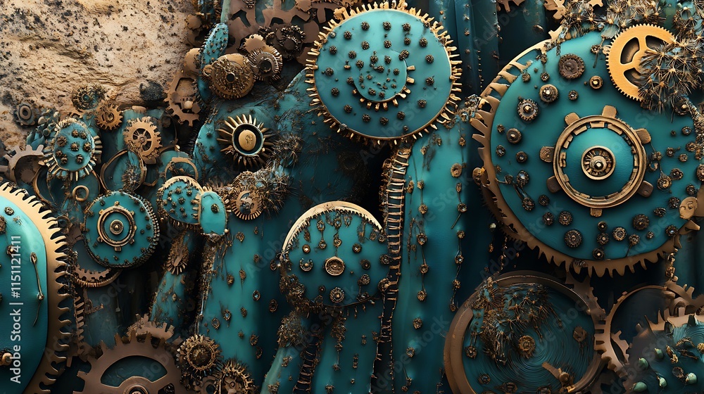 Poster teal and gold mechanical gears and cogs.