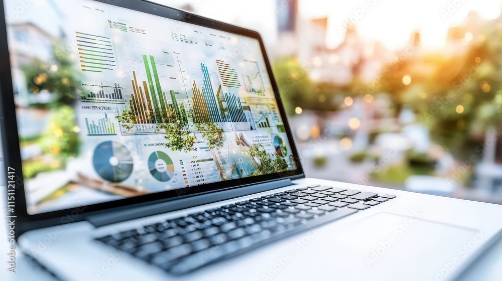 Aufkleber laptop displaying data analytics charts graphs business financial reports modern work