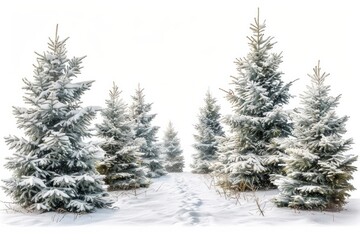 Fototapeta premium Snow-covered pine trees in a snowy forest with footprints in the snow. AI generative. .