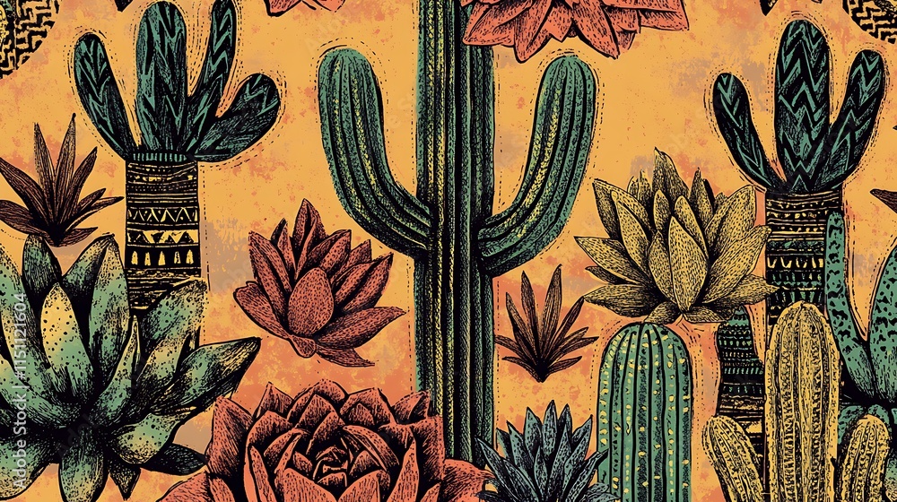 Poster Seamless pattern with colorful cacti and succulents.