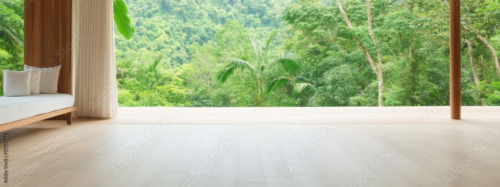 Poster serene interior space overlooking lush green forest with natural light flooding through large window