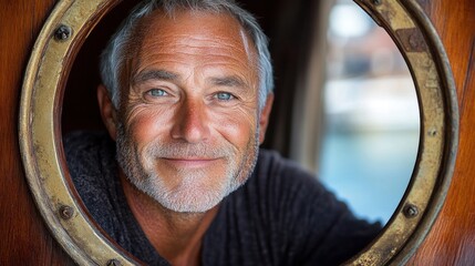 Naklejka premium A smiling older man framed by a circular window, exuding warmth and approachability.