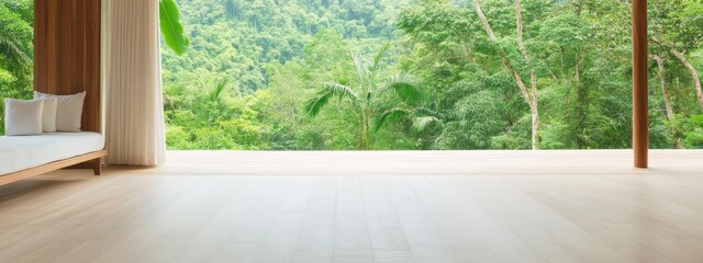 Serene Interior Space Overlooking Lush Green Forest with Natural Light Flooding through Large Windows and Minimalist Design Emphasizing Tranquility and Connection to Nature